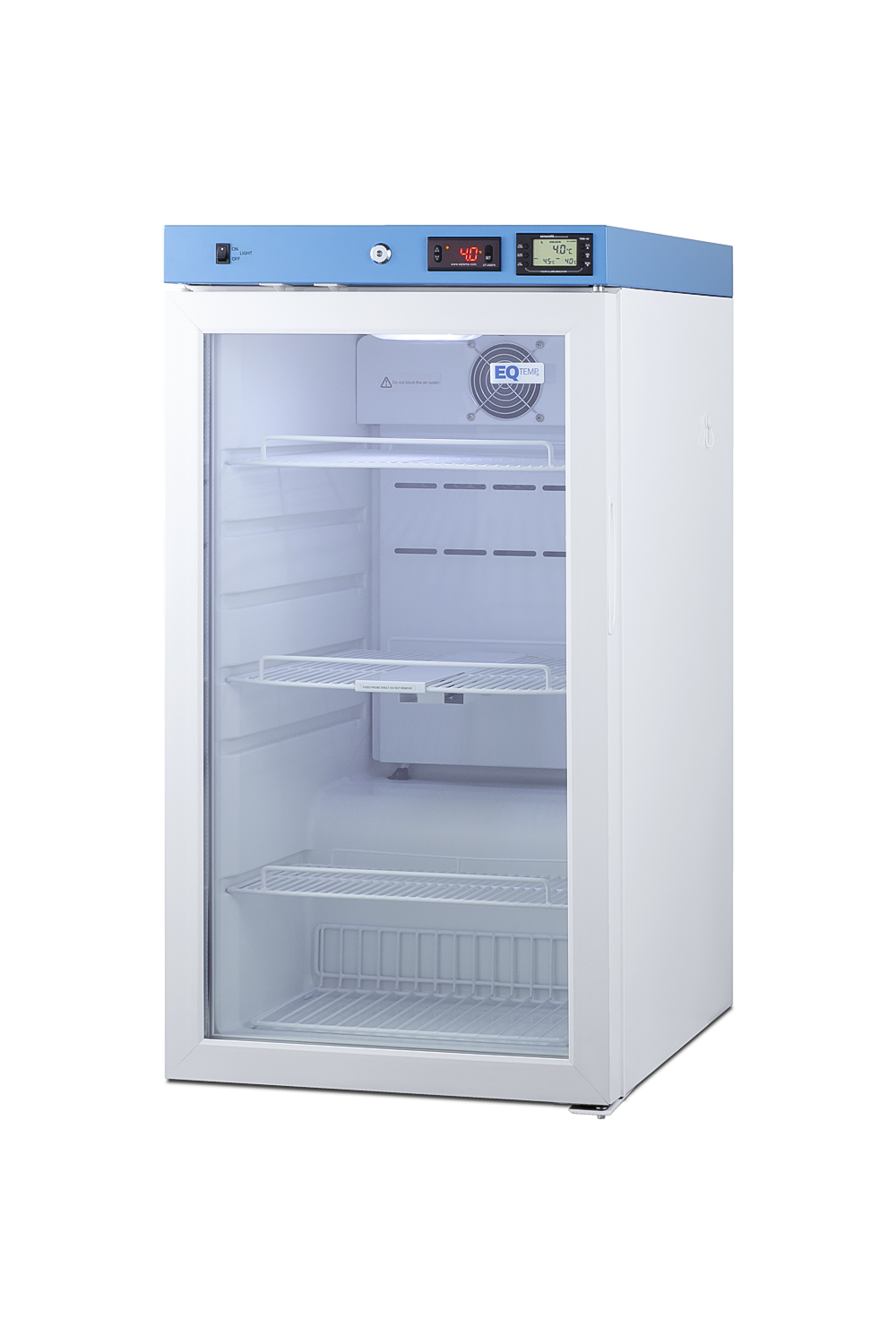 Healthcare all-refrigerator with self-closing glass door, front lock, digital controls, and external temperature readout